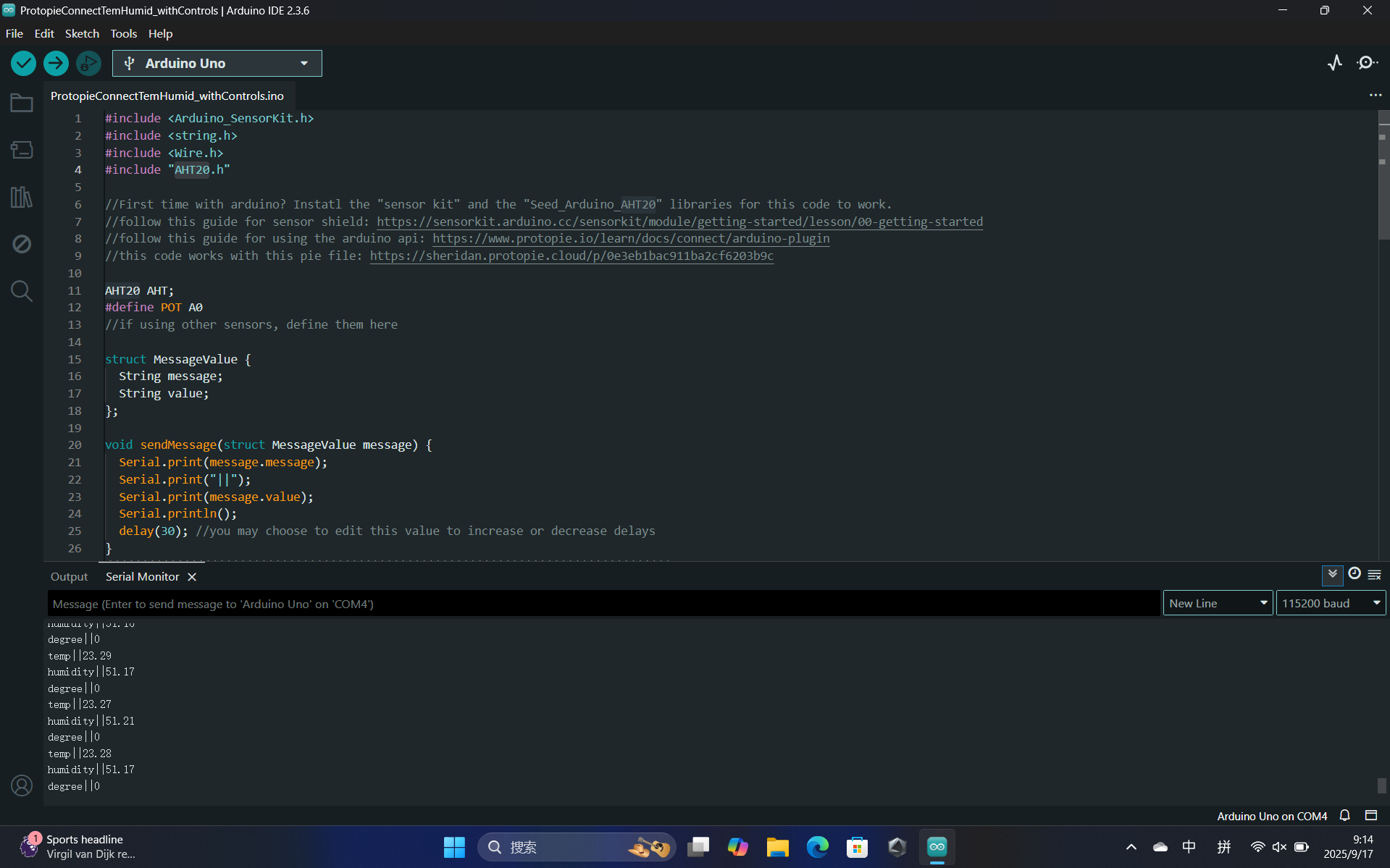 The Arduino IDE displays live readings from the AHT20 temperature and humidity sensor. The serial monitor shows values updating in real time.