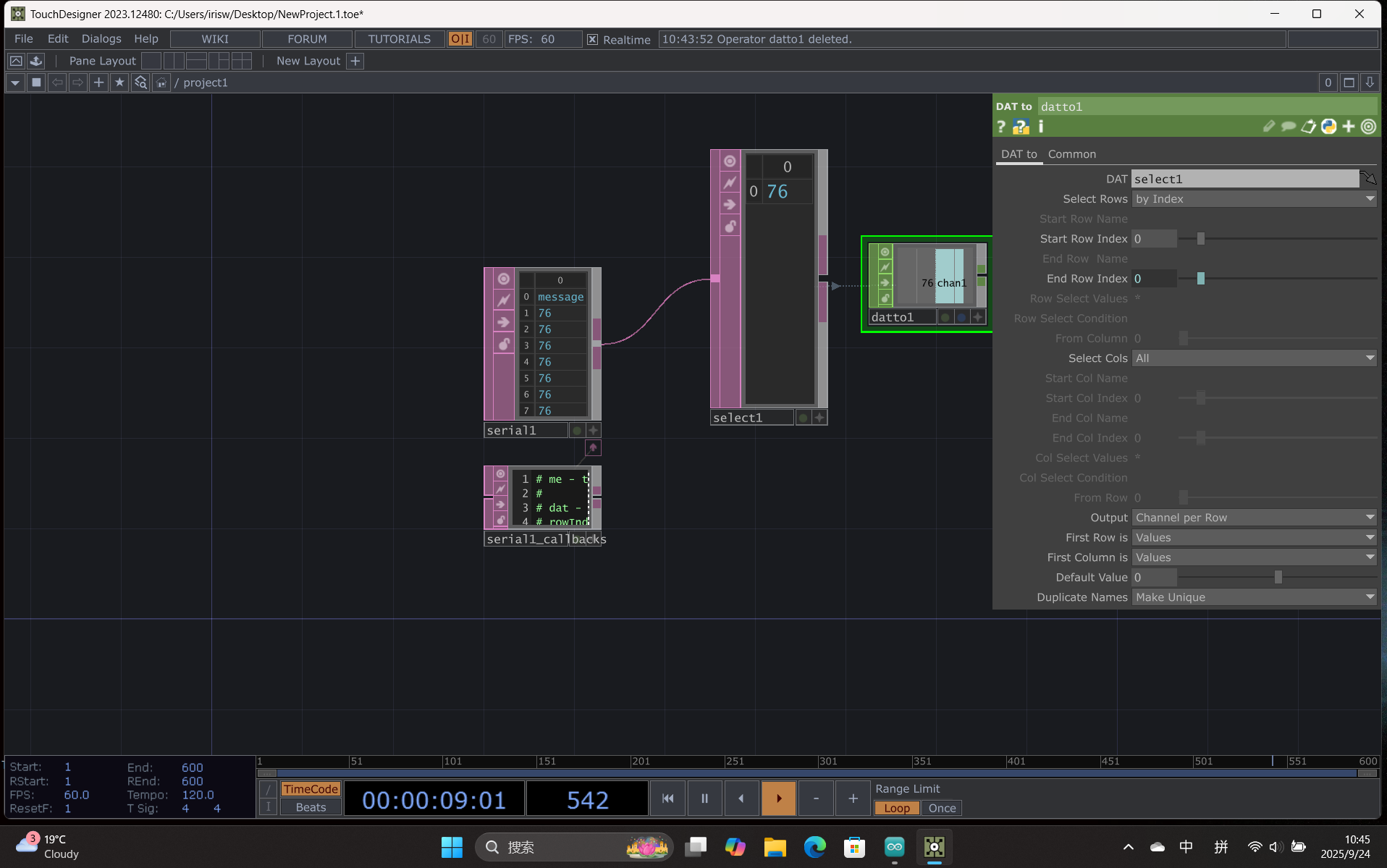 A Serial DAT node was added to receive live data from Arduino through COM5. The incoming data stream was converted to a readable table format for visual mapping.